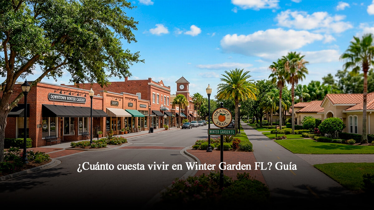 Vista del centro histórico de Winter Garden, Florida, con la ciclovía West Orange Trail, comercios locales y casas residenciales para el blog sobre el costo de vida en la zona.
