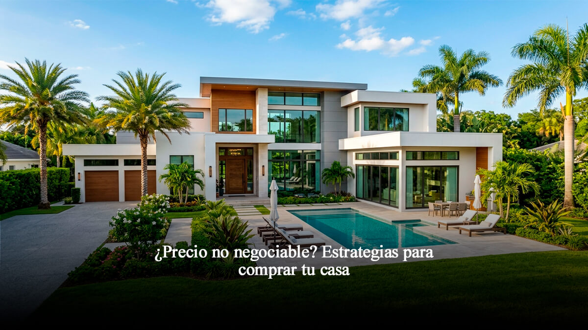 Fachada exterior de una casa moderna de lujo en Florida Central con piscina, áreas verdes y palmeras, ideal para compra inmobiliaria.