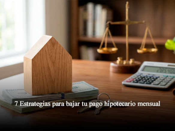 Bloque de madera en forma de casa sobre billetes y llaves en un escritorio, representando la reducción del pago de hipoteca en Florida Central.