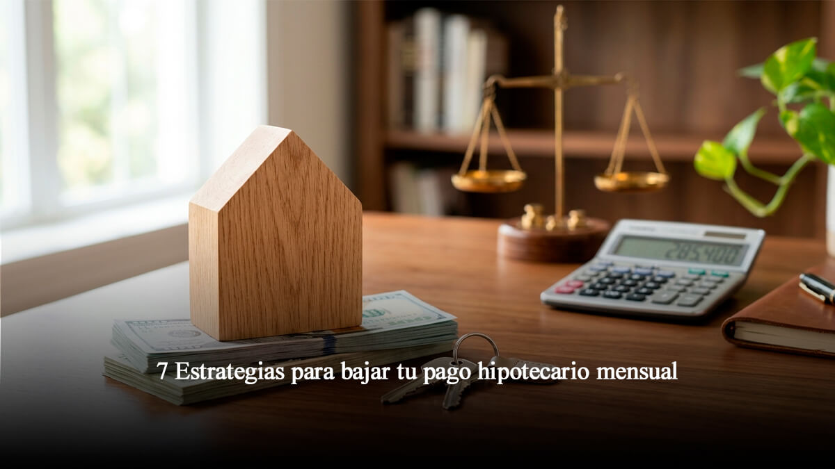 Bloque de madera en forma de casa sobre billetes y llaves en un escritorio, representando la reducción del pago de hipoteca en Florida Central.