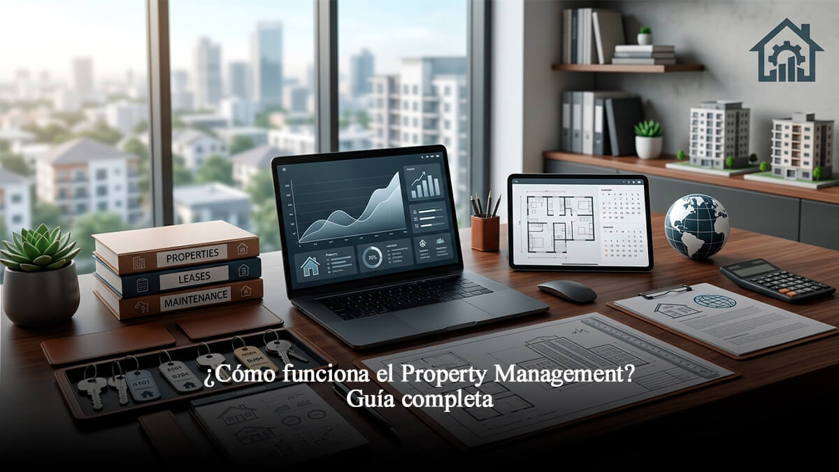 Escritorio profesional de administración de propiedades con laptop mostrando gráficos financieros, planos arquitectónicos y llaves de inmuebles.
