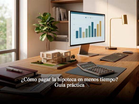 Maqueta de arquitectura de una casa moderna sobre un escritorio ejecutivo con gráficos financieros de amortización de hipoteca, calculadora y llaves.