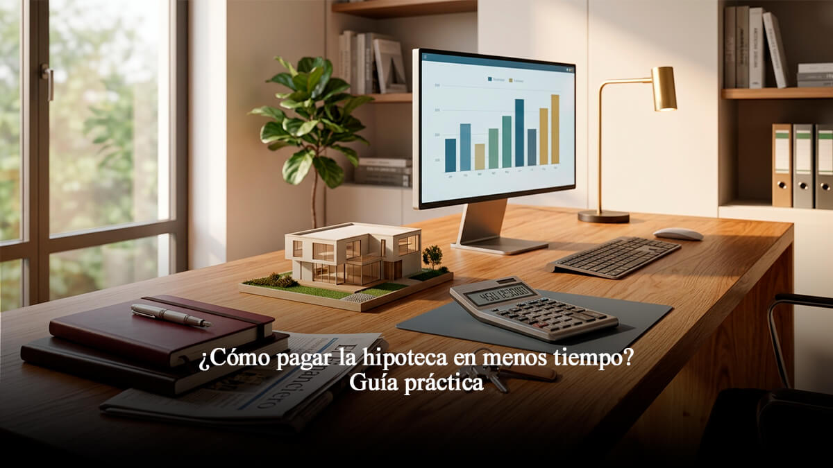 Maqueta de arquitectura de una casa moderna sobre un escritorio ejecutivo con gráficos financieros de amortización de hipoteca, calculadora y llaves.
