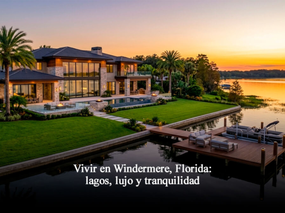 Mansión de lujo frente a la Butler Chain of Lakes en Windermere, Florida, con muelle privado y atardecer.