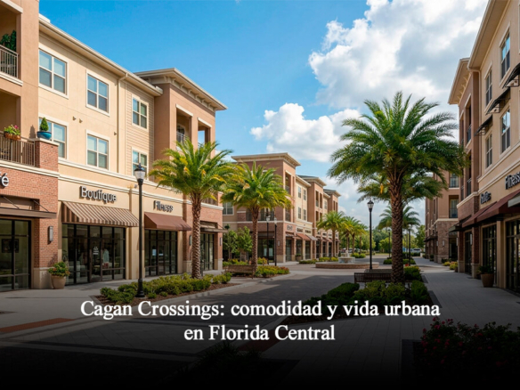 Paseo peatonal y locales comerciales del Town Center de Cagan Crossings en Clermont Florida con arquitectura residencial y palmeras