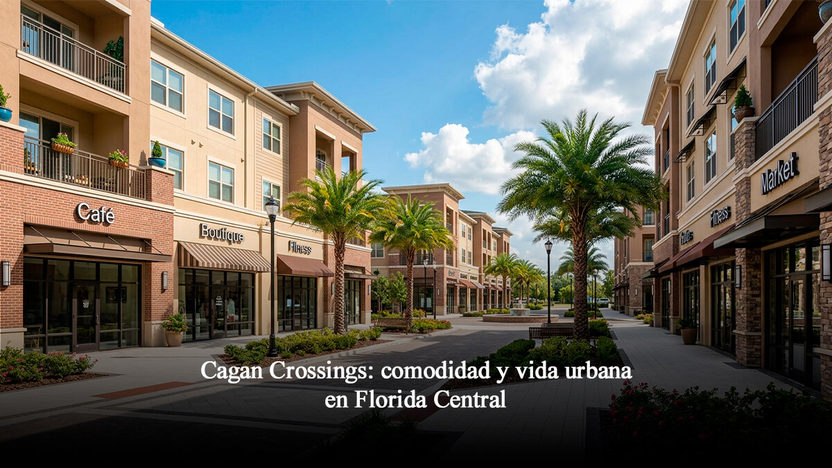 Paseo peatonal y locales comerciales del Town Center de Cagan Crossings en Clermont Florida con arquitectura residencial y palmeras