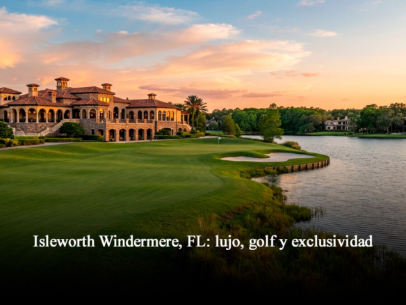 Mansión de lujo frente al lago con campo de golf al atardecer en Isleworth, Windermere, Florida.