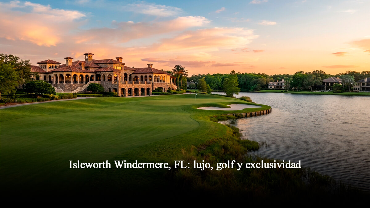 Mansión de lujo frente al lago con campo de golf al atardecer en Isleworth, Windermere, Florida.