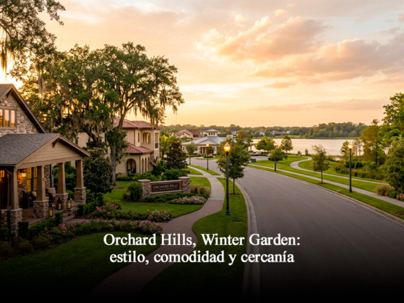 Calle residencial de lujo en Orchard Hills, Winter Garden, con casas modernas, áreas verdes y vista al lago durante la hora dorada.