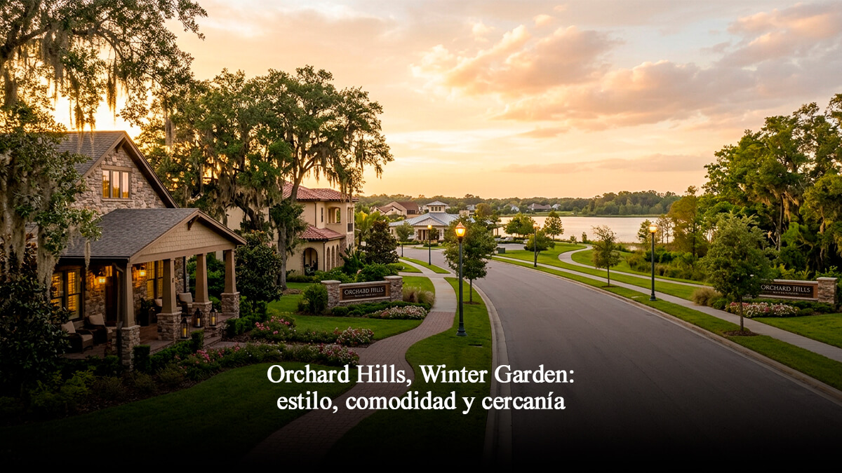 Calle residencial de lujo en Orchard Hills, Winter Garden, con casas modernas, áreas verdes y vista al lago durante la hora dorada.