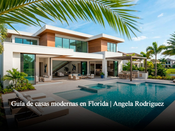 Casa moderna de lujo en Florida Central con piscina privada, amplios ventanales de cristal y arquitectura contemporánea diseñada por Angela Rodriguez.