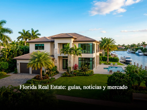 Casa moderna de lujo frente al agua con palmeras y arquitectura estilo Florida para blog de bienes raíces