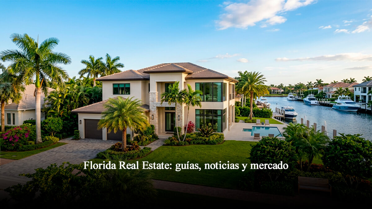 Casa moderna de lujo frente al agua con palmeras y arquitectura estilo Florida para blog de bienes raíces