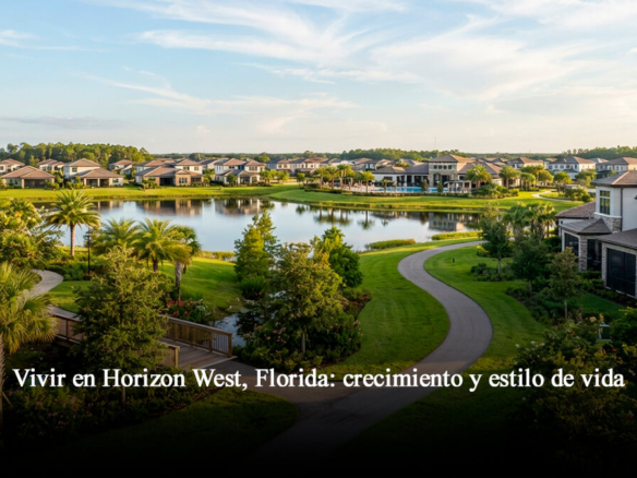 Paisaje urbano y residencial moderno en Horizon West Florida, mostrando áreas verdes, lagos y un estilo de vida planificado en pleno crecimiento.