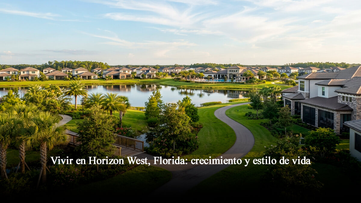 Paisaje urbano y residencial moderno en Horizon West Florida, mostrando áreas verdes, lagos y un estilo de vida planificado en pleno crecimiento.
