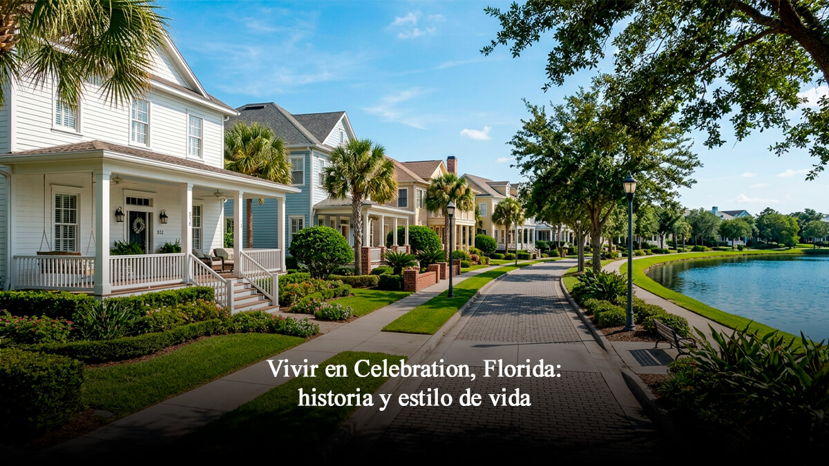 Casas neotradicionales frente al lago en Celebration Florida con arquitectura clasica y senderos arbolados