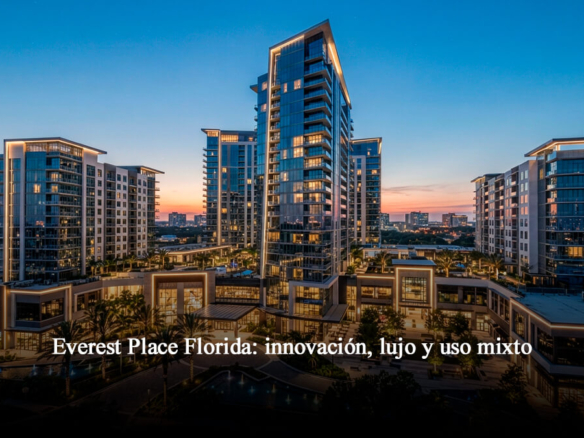 Vista arquitectónica nocturna de un moderno complejo inmobiliario de uso mixto y lujo en Florida, destacando iluminación LED y diseño innovador.