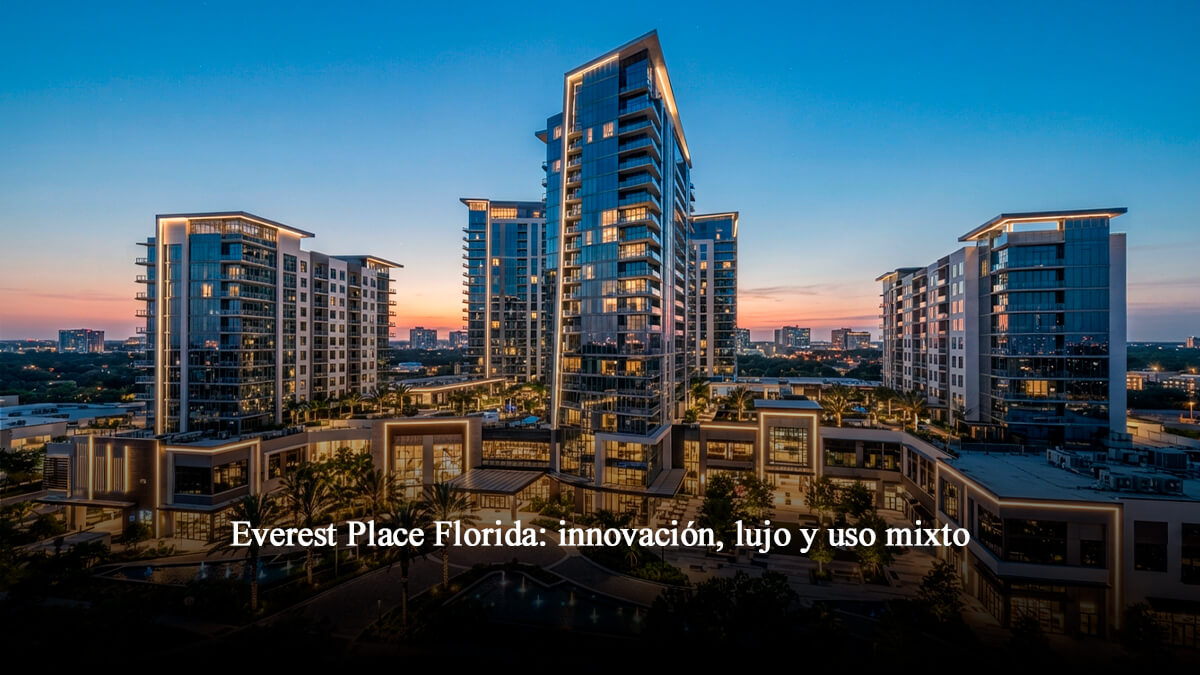Vista arquitectónica nocturna de un moderno complejo inmobiliario de uso mixto y lujo en Florida, destacando iluminación LED y diseño innovador.