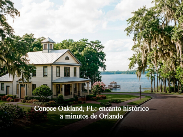 Casa de estilo histórico con porches de madera junto a calles adoquinadas y robles con musgo en Oakland, Florida, cerca del lago Apopka.