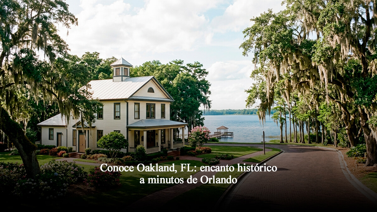 Casa de estilo histórico con porches de madera junto a calles adoquinadas y robles con musgo en Oakland, Florida, cerca del lago Apopka.