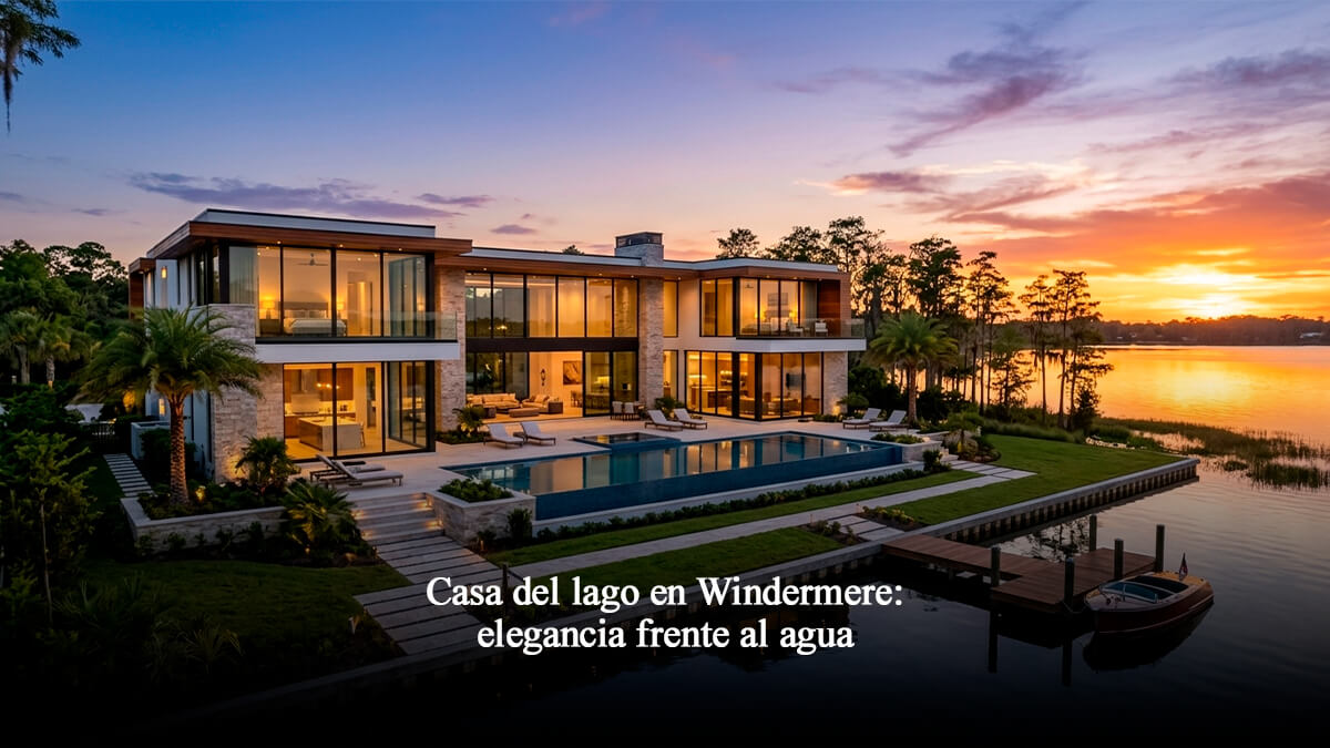 Casa moderna de lujo frente al lago con piscina y muelle privado en la Butler Chain of Lakes en Windermere, Florida.