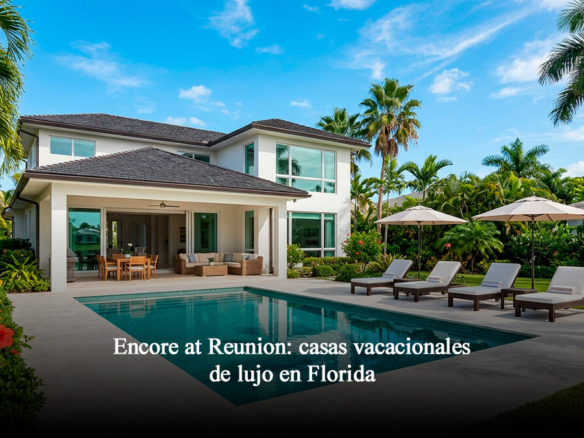 Fachada posterior de villa vacacional de lujo de dos pisos en Florida con piscina privada, tumbonas y jardín tropical bajo cielo despejado.