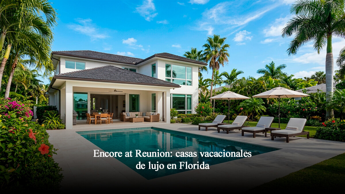 Fachada posterior de villa vacacional de lujo de dos pisos en Florida con piscina privada, tumbonas y jardín tropical bajo cielo despejado.